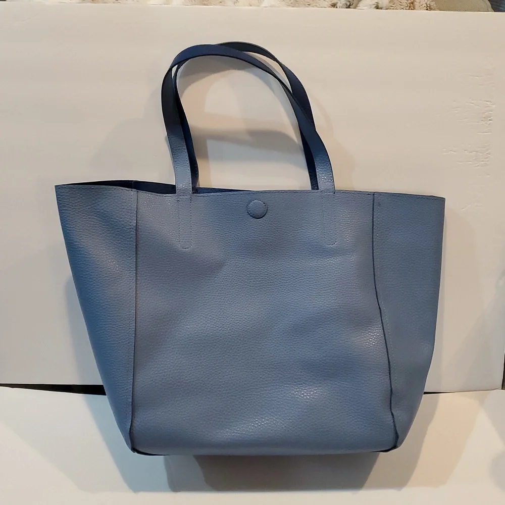 Reversible Blue Tote Bag Pebbled Faux Leather Dark & Light Blue Magnetic Closure